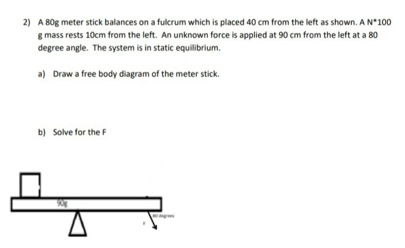 Solved 2) A 80g meter stick balances on a fulcrum which is | Chegg.com