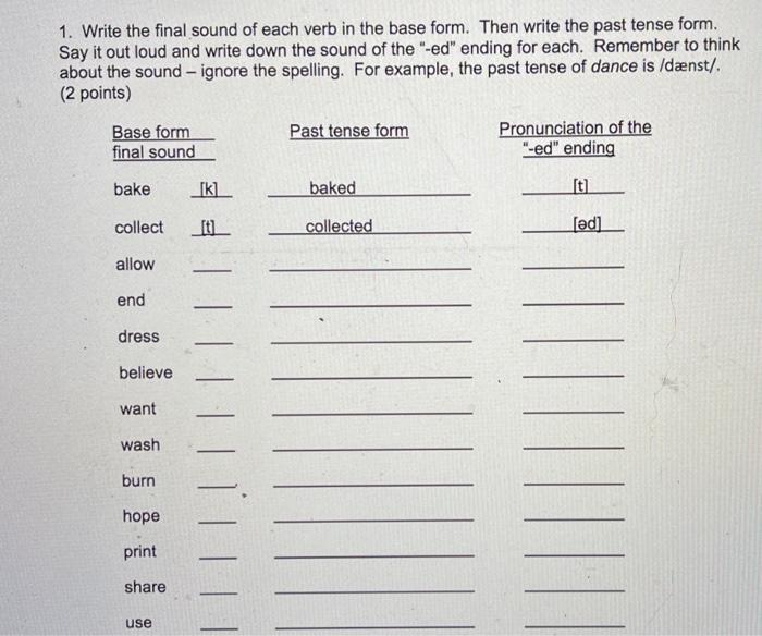 Solved 1 Write The Final Sound Of Each Verb In The Base Chegg Com