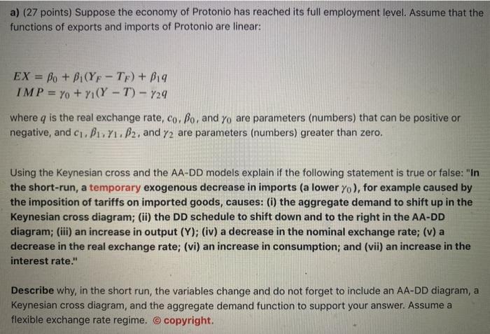 Solved a) (27 points) Suppose the economy of Protonio has | Chegg.com