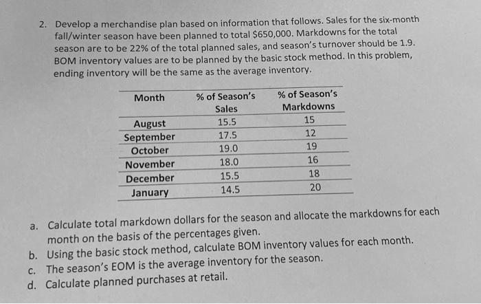Solved 2. Develop a merchandise plan based on information | Chegg.com