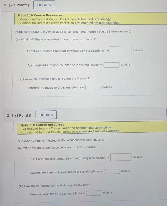 Math 110 Course Resources
- Compound interest Course Packet on notation and terminology
- Compound Interest course Packet on 