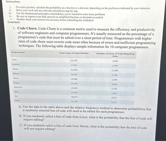 Solved Instructions: I. For Each Question, Calculate The | Chegg.com