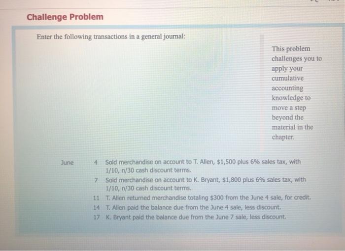 Solved Challenge Problem Enter The Following Transactions In | Chegg ...