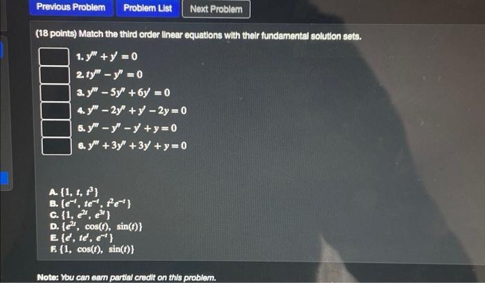 Solved (18 points) Match the third order linear equations | Chegg.com
