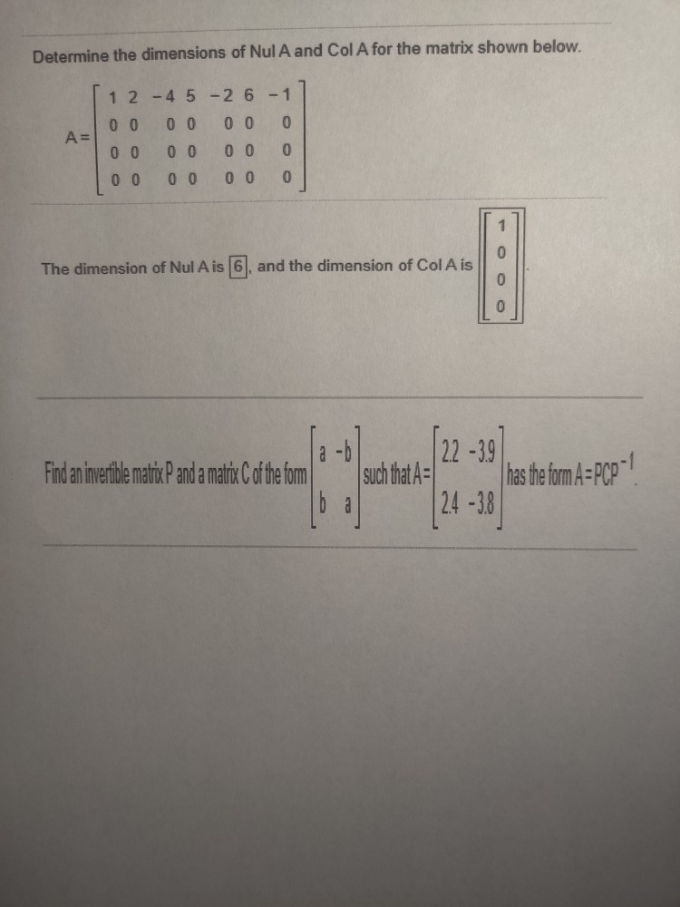 Solved please calculate Nul A and dimension of Col A find