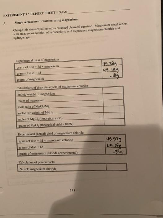 Solved EXPERIMENT 9 REPORT SHEET NAME A Single replacement | Chegg.com