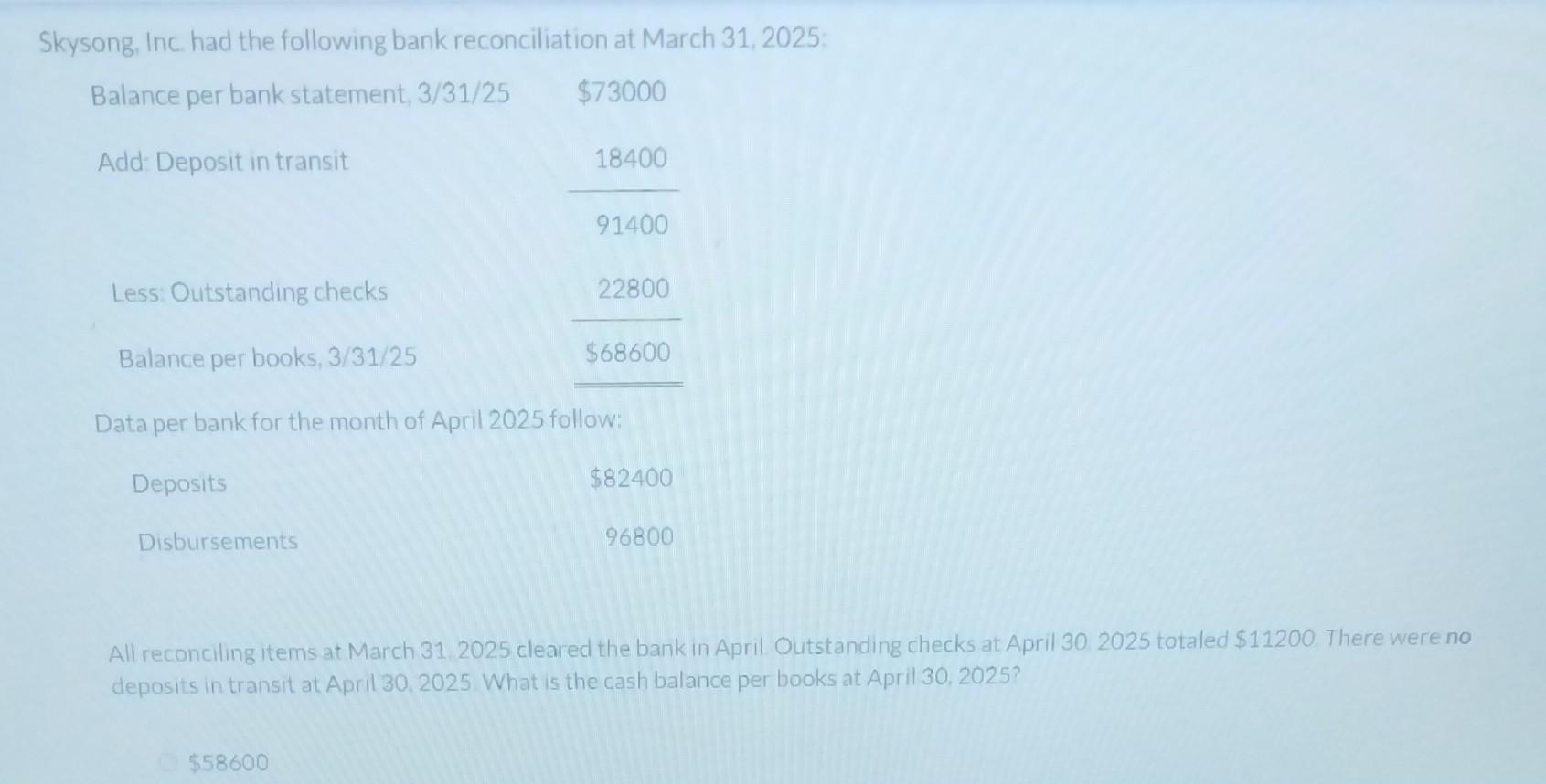 Solved Skysong, Inc. had the following bank reconciliation