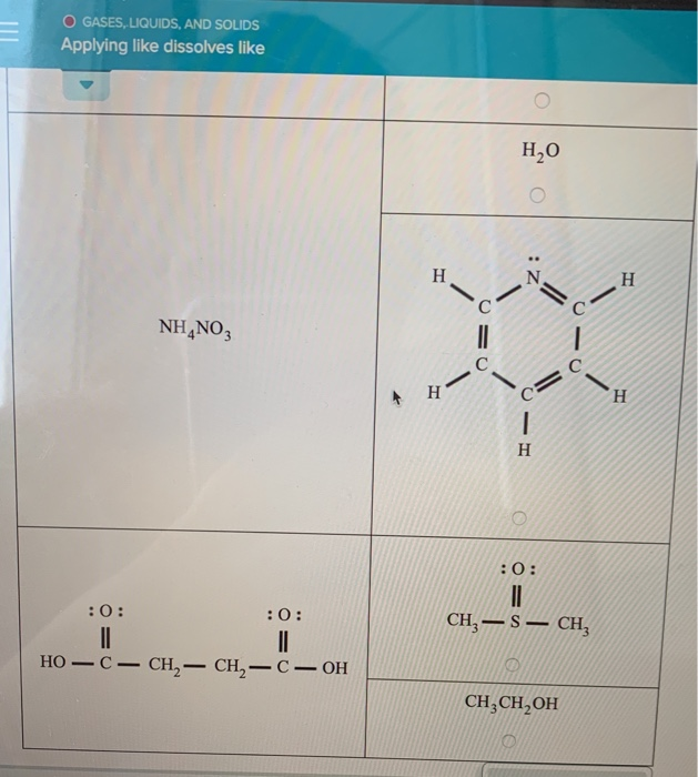 Solved O GASES, LIQUIDS, AND SOLIDS Applying like dissolves