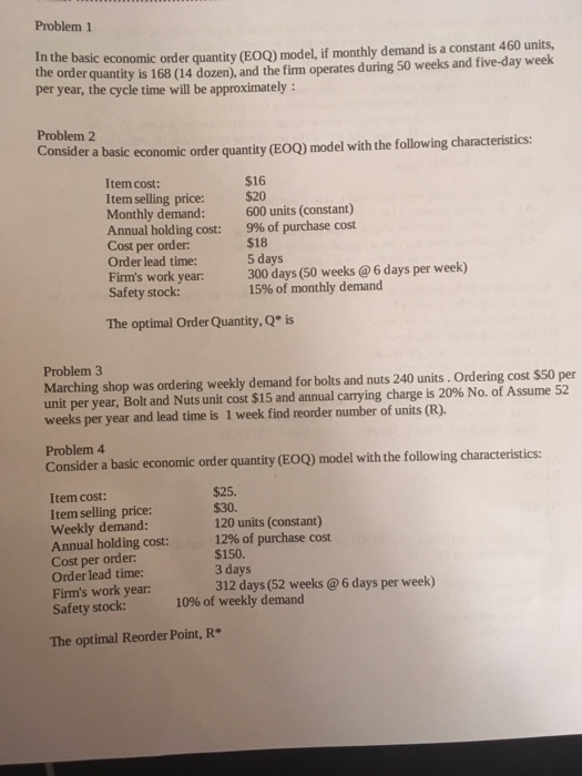 Problem 1 In The Basic Economic Order Quantity Eoq Chegg 