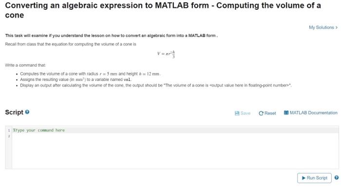 Solved Converting an algebraic expression to MATLAB form - | Chegg.com