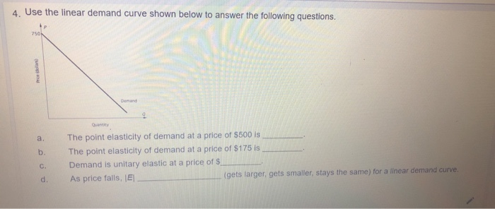 Solved 4. Use the linear demand curve shown below to answer | Chegg.com