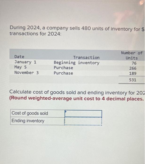 Solved During 2024 A Company Sells 480 Units Of Inventory Chegg Com   Image