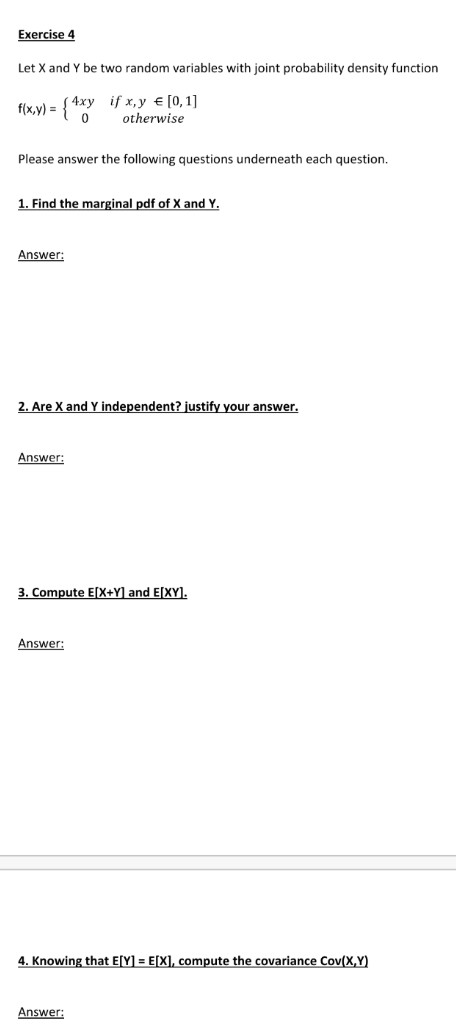 Solved Exercise 4 Let X and Y be two random variables with | Chegg.com
