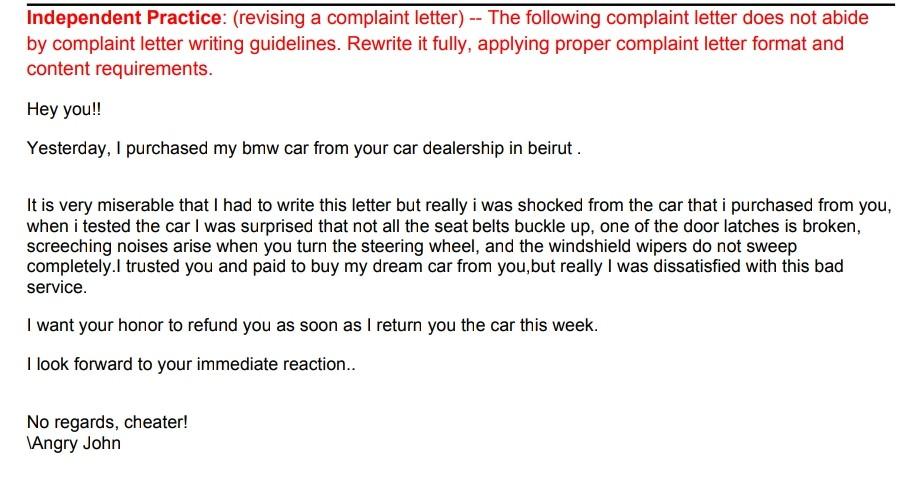 Solved Homework (HW) #5 (writing a complaint letter): In | Chegg.com