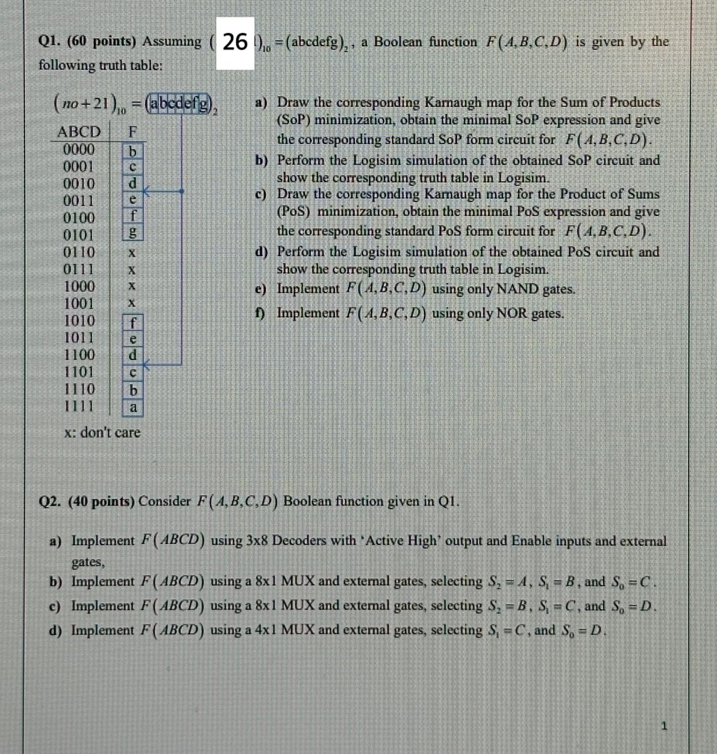 Solved Q1. (60 ﻿points) ﻿Assuming (26)10=(abcdefg)2, ﻿a | Chegg.com