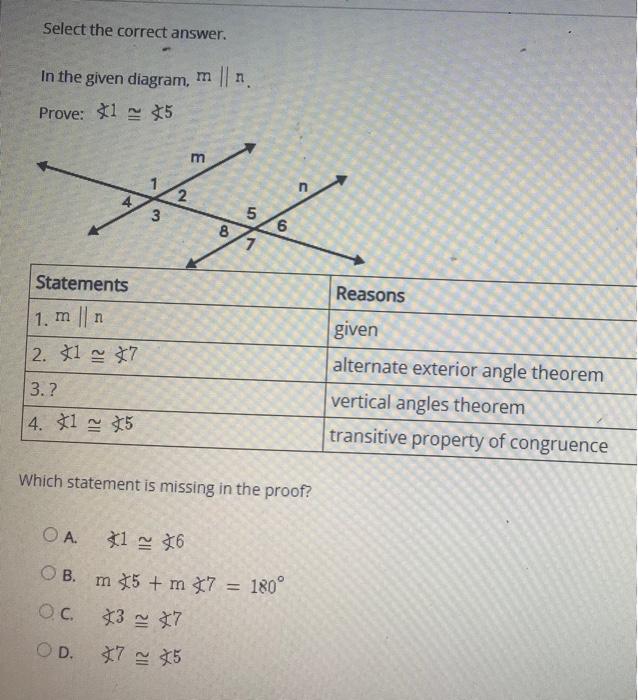 Solved Select the correct answer. In the given diagram, m || | Chegg.com