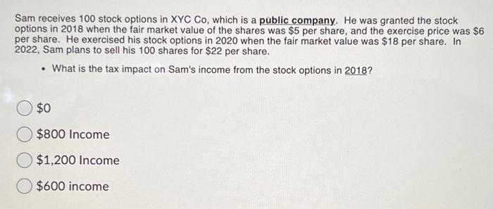 Solved Sam receives 100 stock options in XYC Co, which is a | Chegg.com