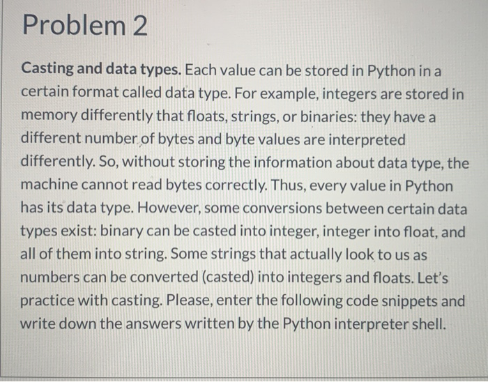 Solved Problem 2 Casting and data types. Each value can be | Chegg.com