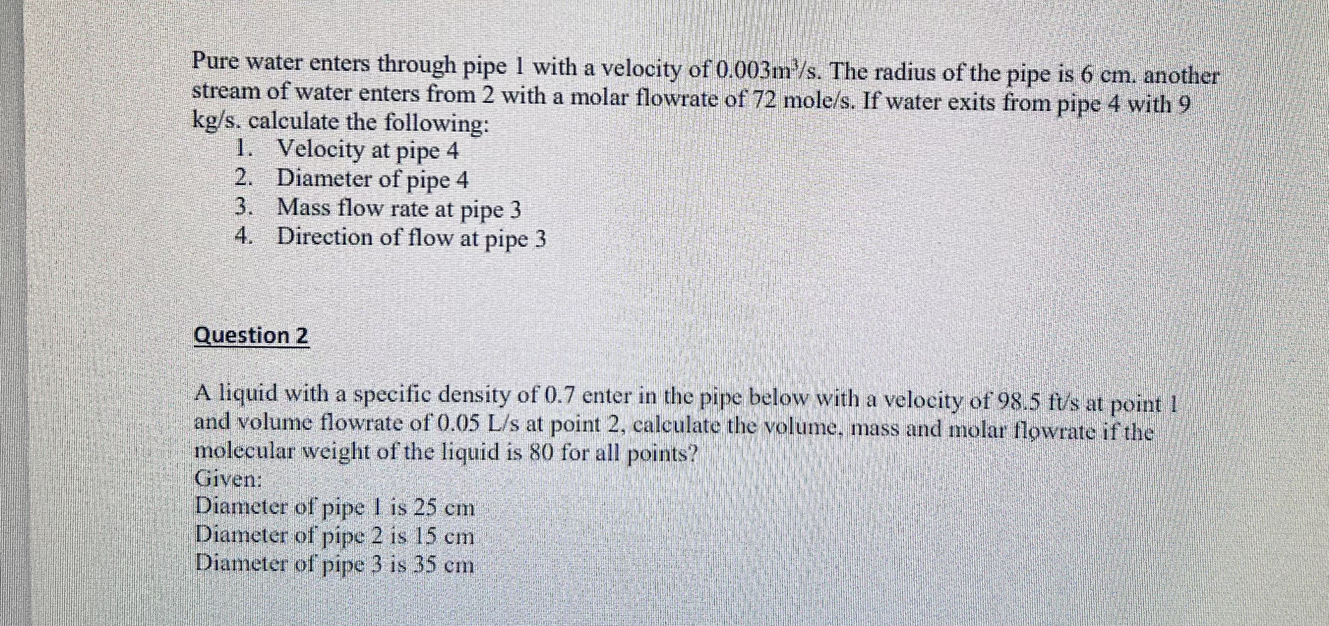 Solved Pure water enters through pipe 1 ﻿with a velocity of | Chegg.com