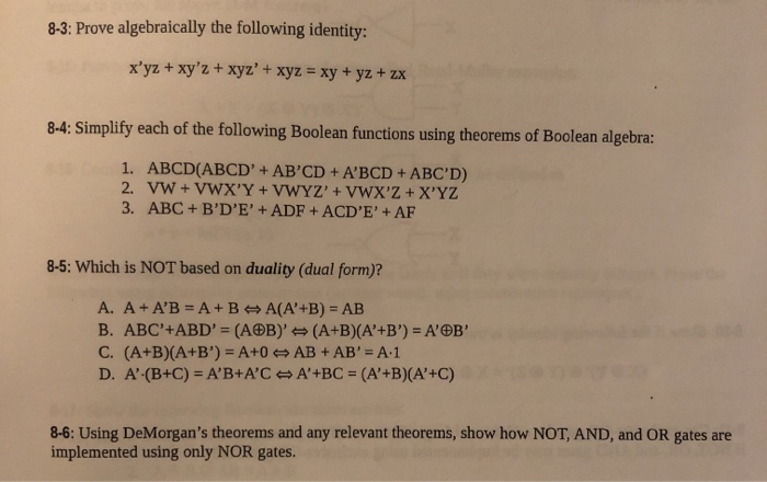 8 3 Prove Algebraically The Following Identity X Yz Chegg Com