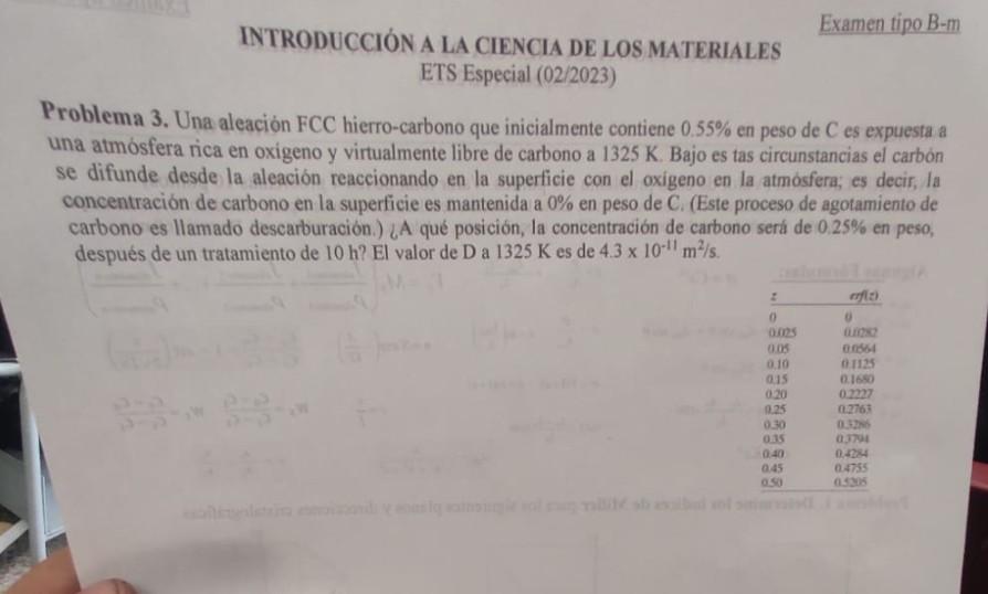 Problema 3. Una aleación FCC hierro-carbono que inicialmente contiene \( 0.55 \% \) en peso de \( C \) es expuesta a una atmó