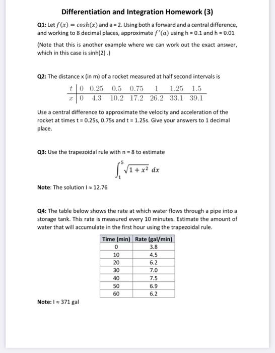 Solved Differentiation and Integration Homework | Chegg.com