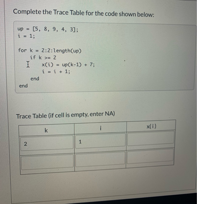 Solved Complete the Trace Table for the code shown below: up | Chegg.com