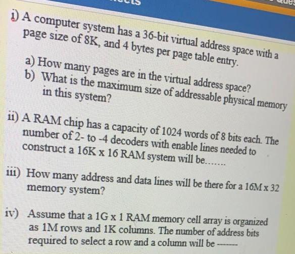 Solved 1 A computer system has a 36 bit virtual address Chegg