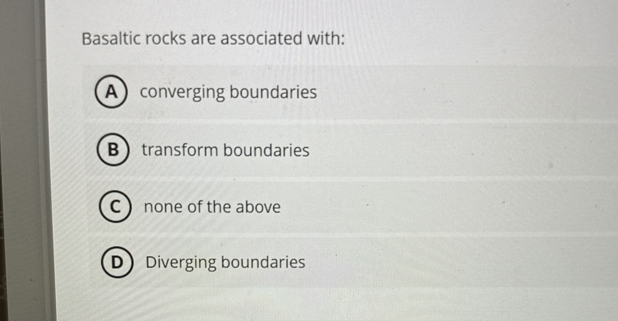 Solved Basaltic rocks are associated with:converging | Chegg.com