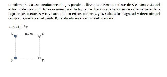 Problema 4. Cuatro conductores largos paralelos llevan la misma corriente de \( 5 \mathbf{A} \). Una vista del extremo de los