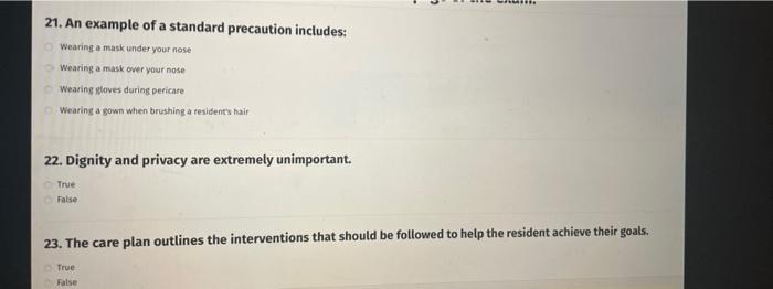 Solved 21. An example of a standard precaution includes: | Chegg.com