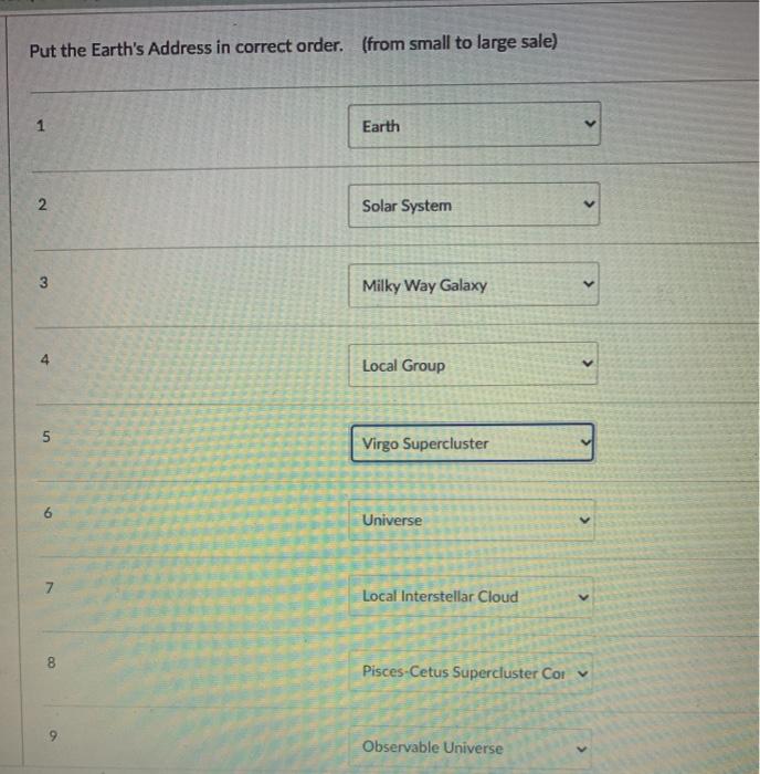 Solved Put the Earth's Address in correct order. (from small | Chegg.com