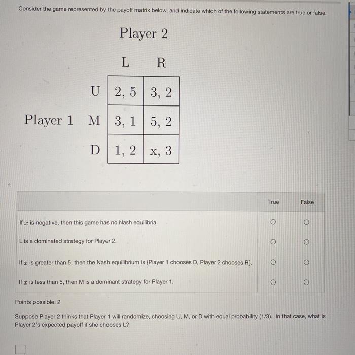 Solved Consider the game represented by the payoff matrix | Chegg.com