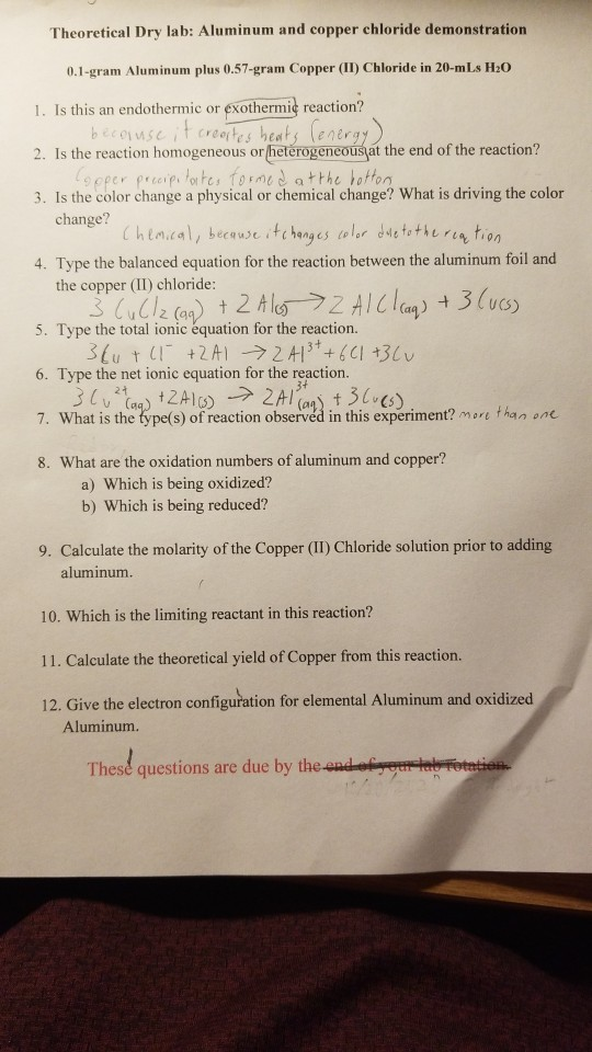 Theoretical Dry Lab Aluminum And Copper Chloride Chegg 