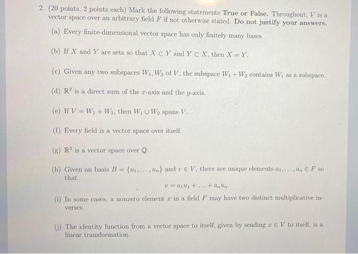 Solved 2. (20 points, 2 points each) Mark the following | Chegg.com