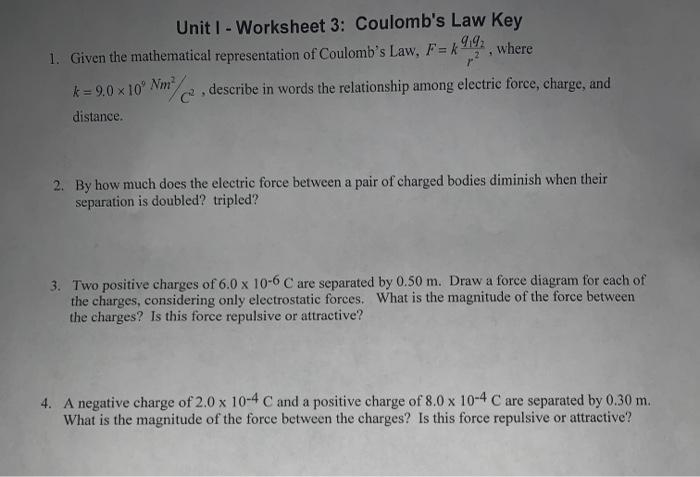 Unit 1 Worksheet 3 Coulomb S Law Key 1 Given The Chegg 