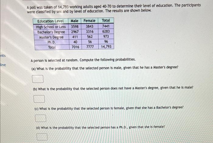 A poll was taken of 14,793 working adults aged \( 40-70 \) to determine their level of education. The participants were class