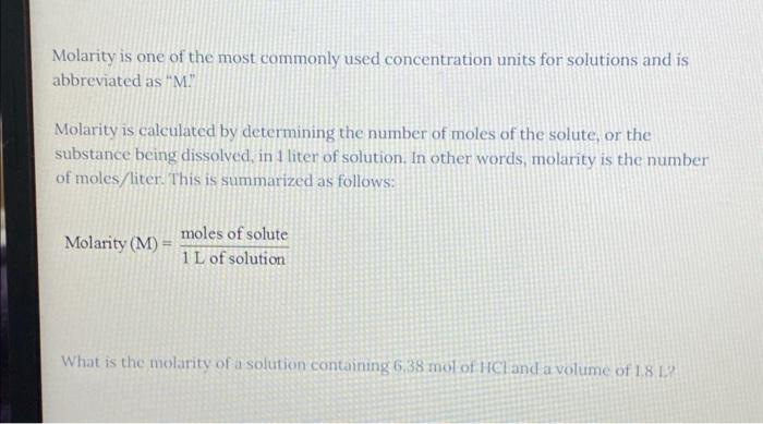 Solved Molarity is one of the most commonly used | Chegg.com