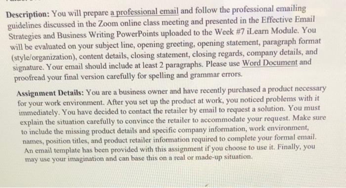 Description: You will prepare a professional email | Chegg.com