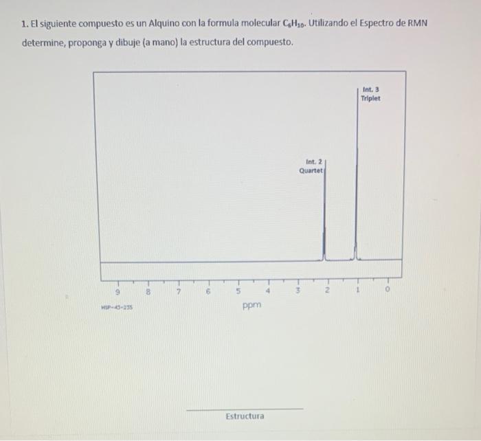 1. El siguiente compuesto es un Alquino con la formula molecular CH₂o. Utilizando el Espectro de RMN determine, proponga y di