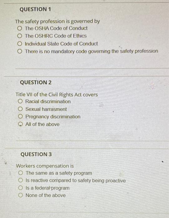 Solved The safety profession is governed by The OSHA Code of | Chegg.com