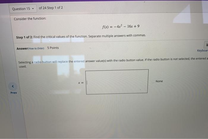 Solved Question 15 of 24 Step 1 of 2 Consider the function: | Chegg.com