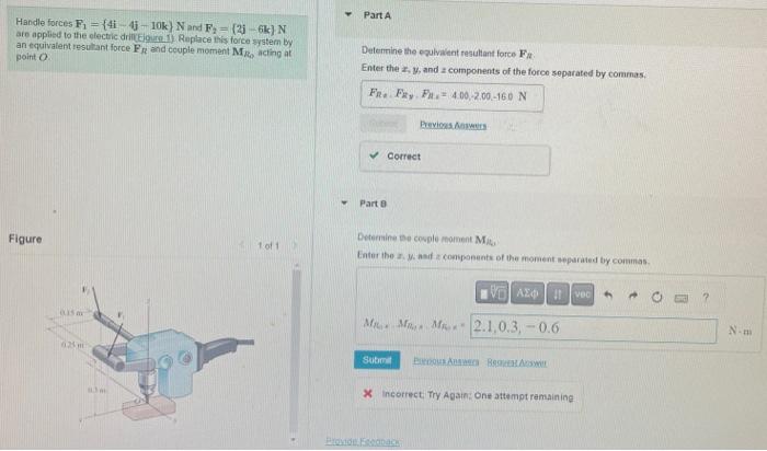 Solved Handle forces F1={4i−4j−10k}N and F2={2j−6ik}N are | Chegg.com