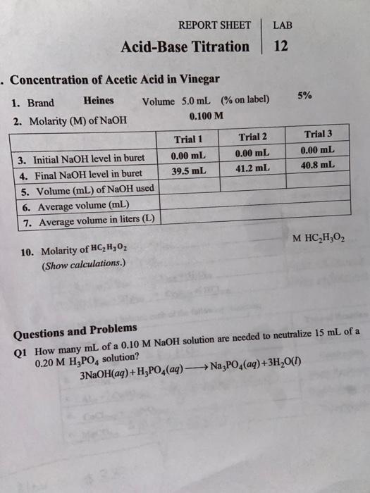 Lab Report Sheet Acid Base Titration 12 Chegg 