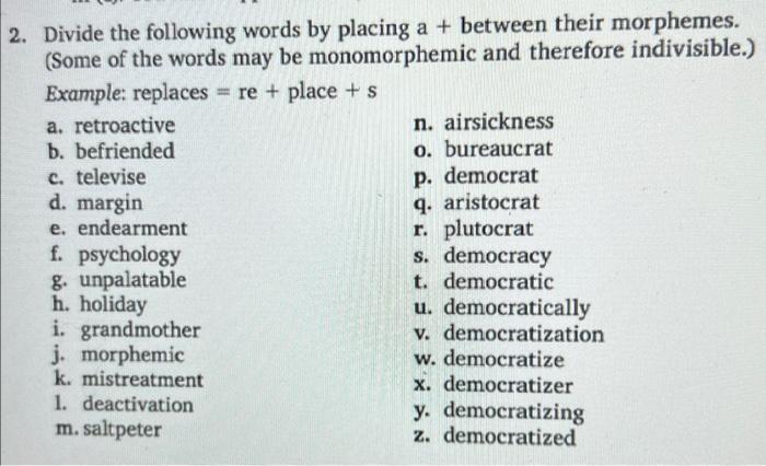 2. Divide the following words by placing a + between | Chegg.com