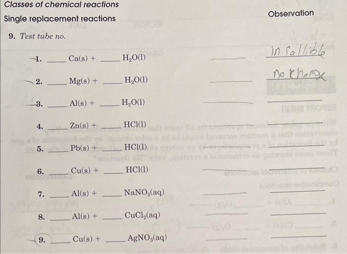 Solved Observation 9. Test Tube No. 