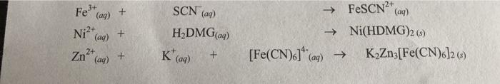 Solved Fe3+ SCN (aq) (ag) Ni (4) . + H DMG(aq) → FeSCN** | Chegg.com