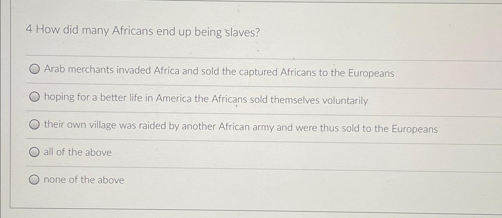 4 ﻿How did many Africans end up being slaves?Arab | Chegg.com