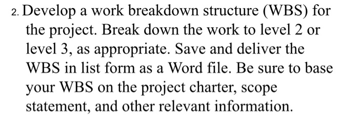 Solved 2. Develop a work breakdown structure (WBS) for the | Chegg.com