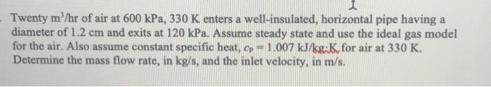 Solved 1 Twenty m/hr of air at 600 kPa, 330 K enters a | Chegg.com